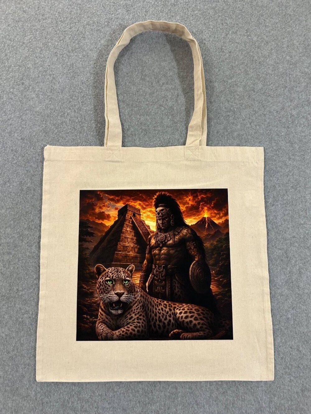 Aztec Warrior & Jaguar Shopping Tote Bag Mayan Temple & Volcanic Sunset Epic Art